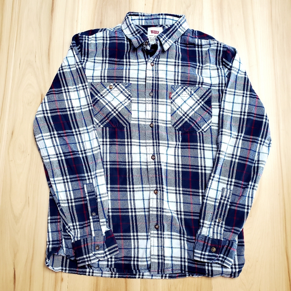 Levis Button-Up Long Sleeve Flannel, Men's Size Medium, Navy Blue and White
